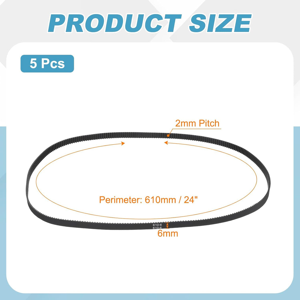 MECCANIXITY 610mm GT-2 Timing Belt 6mm Width 2mm Pitch Black 5pcs