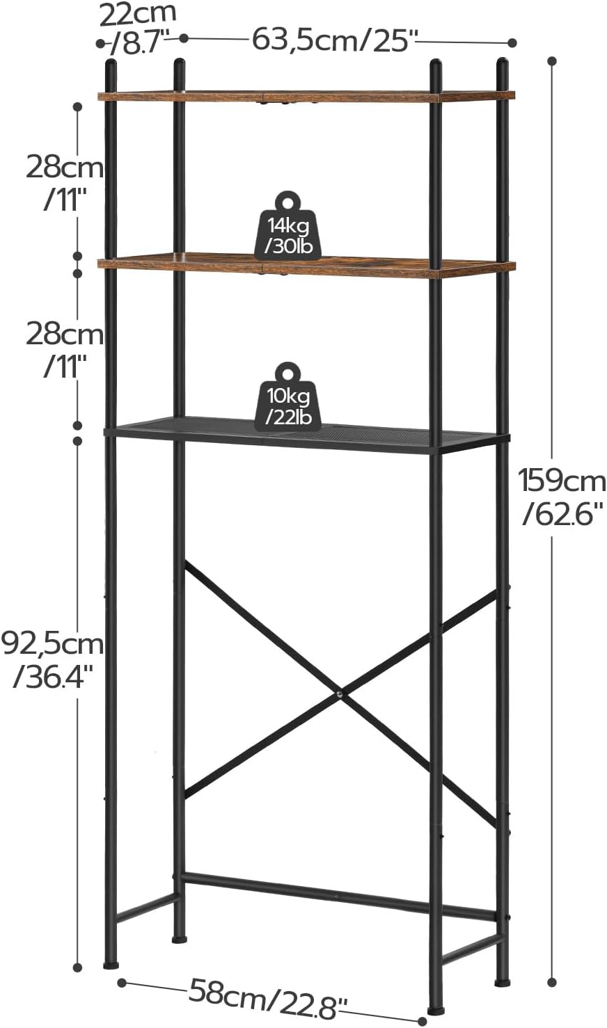 Over the Toilet Storage, 3-Tier Over Toilet Bathroom Organizer, Freestanding Above Toilet Shelf with Adjustable Feet