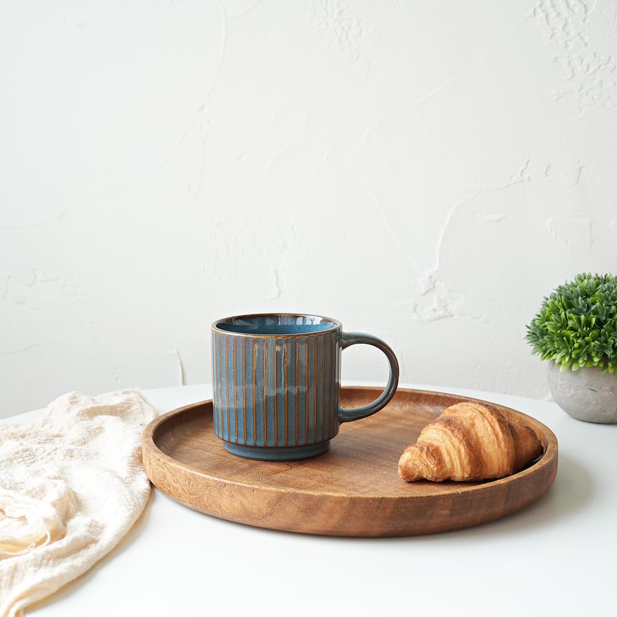 Stackable Ceramic Coffee Mug Set of 4, 16 Oz, Coffee Cups, Microwave Safe, Unique Reactive Glaze (Teal, 16 Oz)
