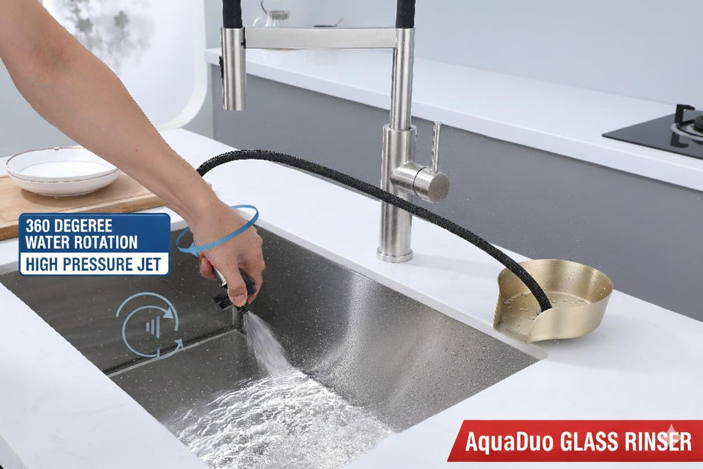 AquaDuo Glass Rinser and Kitchen Sink Sprayer Combo, Stainless Steel Cup Washer, Cup Cleaner for Sink, Bar Glass