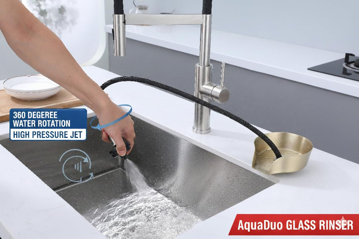AquaDuo Glass Rinser and Kitchen Sink Sprayer Combo, Stainless Steel Cup Washer, Cup Cleaner for Sink, Bar Glass