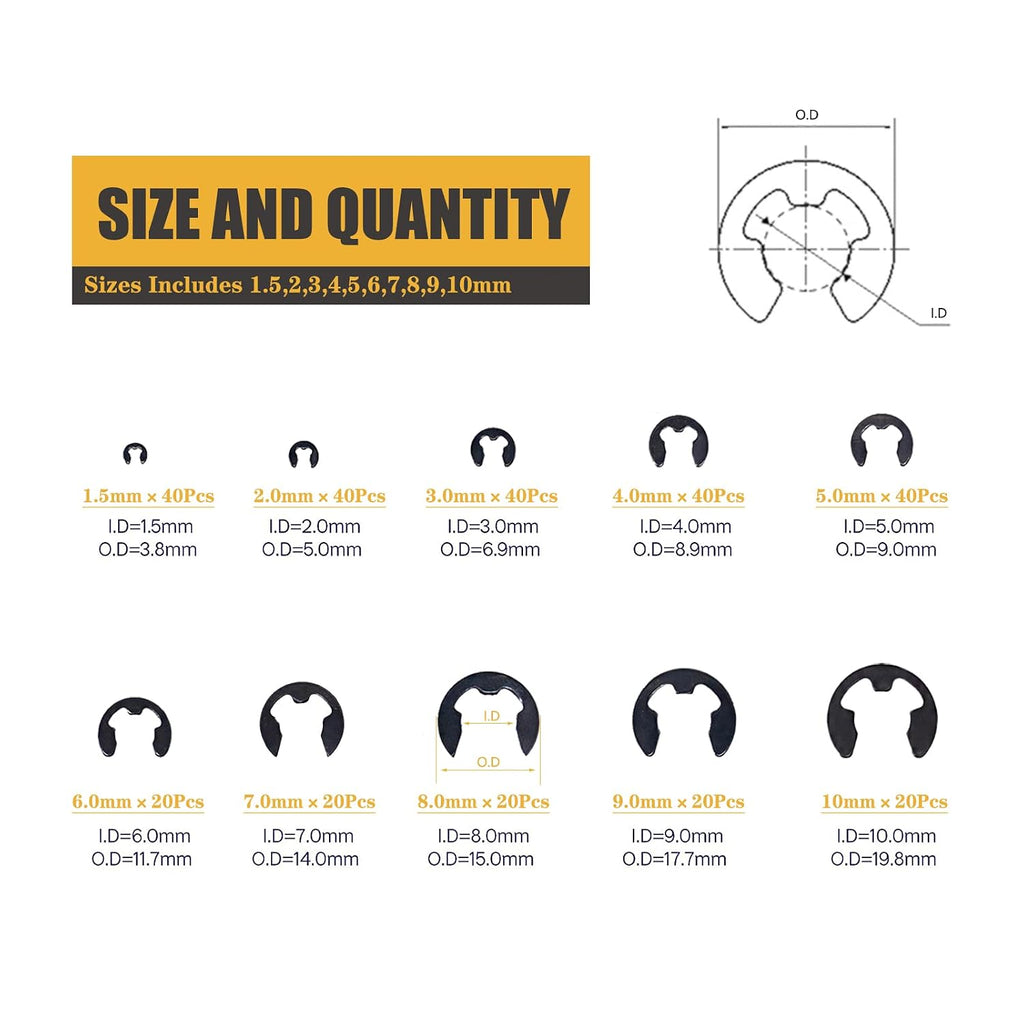 300Pcs Black Alloy Steel E Clip Assortment Kit E-Clip External Retaining Ring Assortment Set (M1.5-M10,300 PCS)