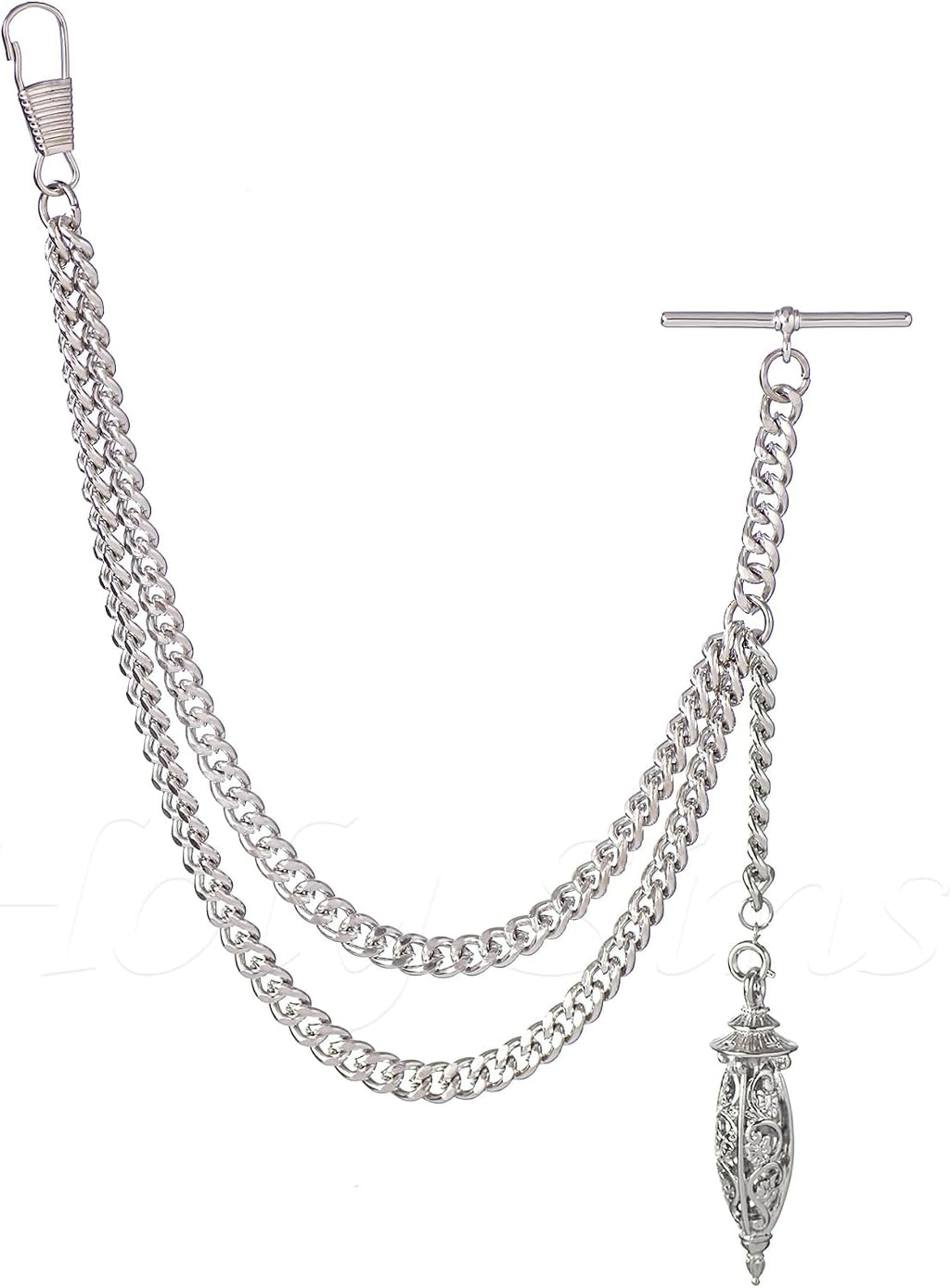 Handmade in the UK Silver Colour Single Albert Pocket Watch Chain With Hollow Pendant