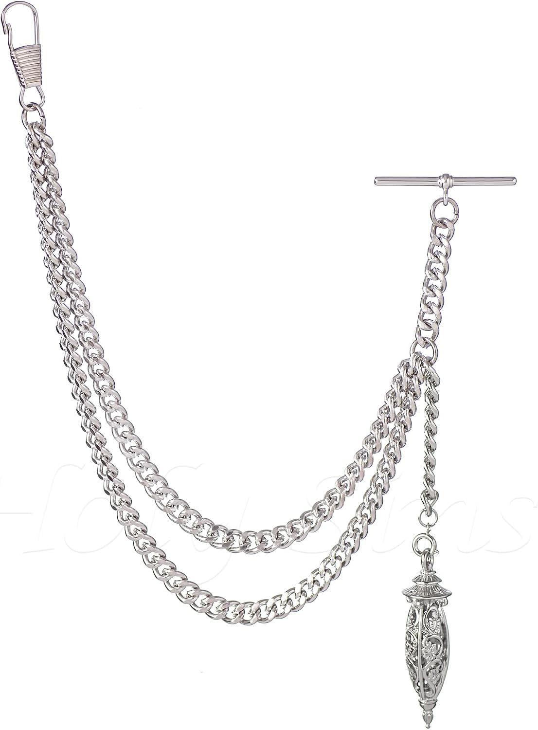 Handmade in the UK Silver Colour Single Albert Pocket Watch Chain With Hollow Pendant