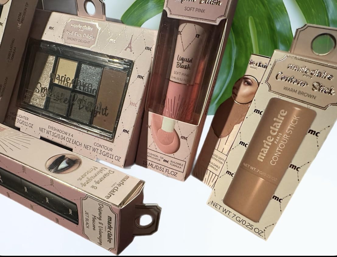 Marie Claire Makeup Set, Smokey Eyeshadow Palette, Contour Stick, Felt Tip Eyeliner, Volumizing Mascara, Soft Pink