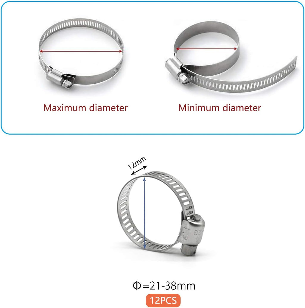 Hose Clamp, 12 Pack Stainless Steel Worm Gear fuel line hose clamps, 21-38mm (3/4-1-1/2 inch)