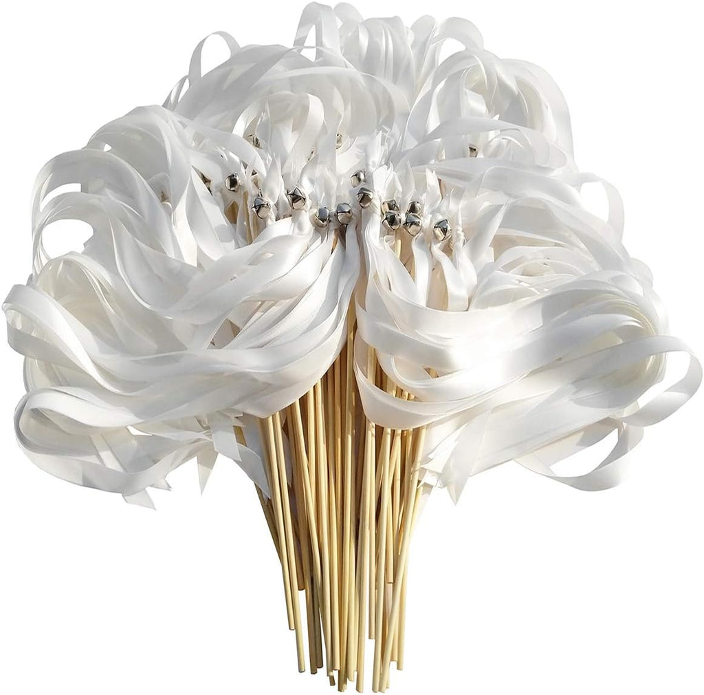 50PCS Ribbon Wands with Triple Ribbon and Silver Bell Party Wand Party Favors Streamers Ribbon Sticks Magic Fairy