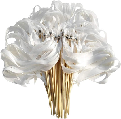 50PCS Ribbon Wands with Triple Ribbon and Silver Bell Party Wand Party Favors Streamers Ribbon Sticks Magic Fairy