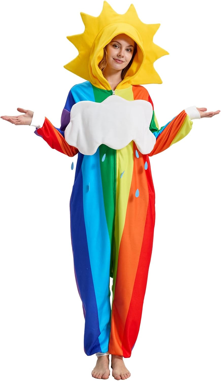 Rainbow Onesie Pajamas with Sun-Shaped Hood,Detachable Cloud, Colorful Halloween Costume Jumpsuit for Adults