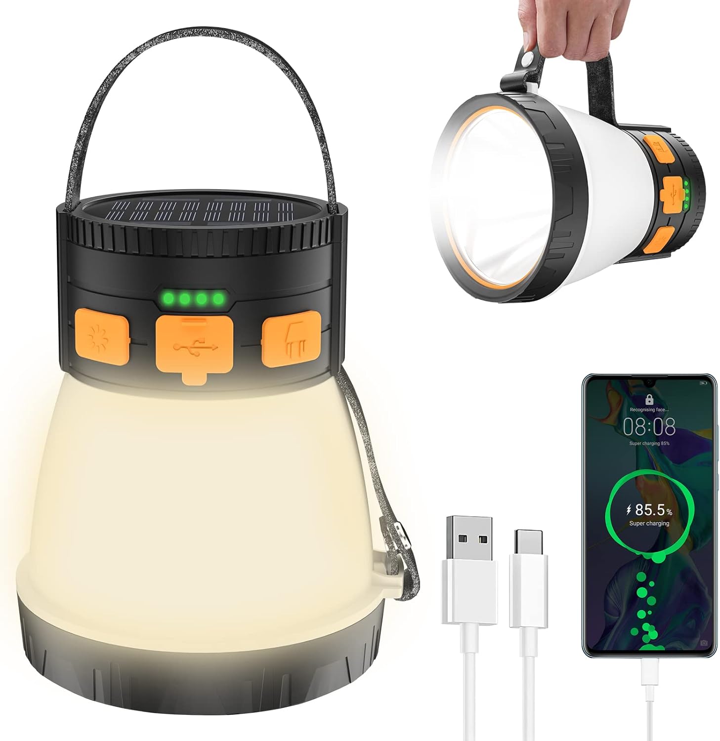 LED Camping Lantern, 1500 Lumens Camping Lantern Rechargeable with Solar Panel Charging, Waterproof, 8 Light Modes