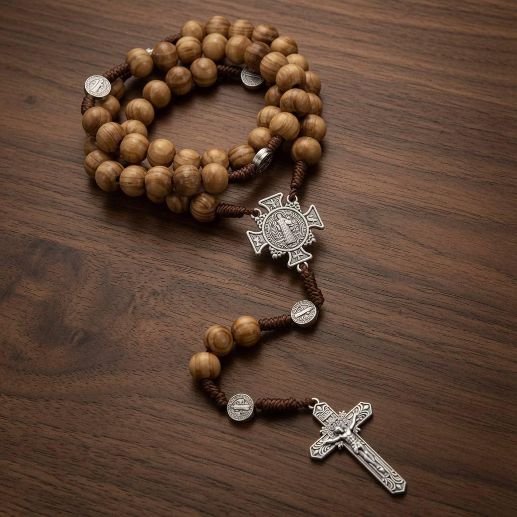 Nazareth Store Sacred St Benedict Wood Beads Rosary Solid Wooden Prayer Chaplet with Cross Saint Medal & Silver Jesus