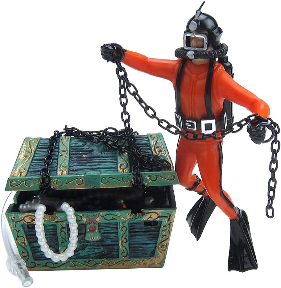 Live-Action Aquarium Ornament Creative Undersea Treasure Chest Diver Air Bubbler Aerating for Fish Tank Decorations