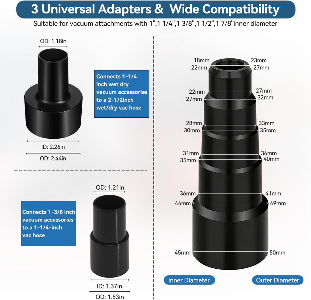 Universal Vacuum Attachments Kits for Shop Vac, 2 1/2" to 1 1/4" Vacuum Adapter, 1 7/8" to 1" Hose Adapter Dust Brush