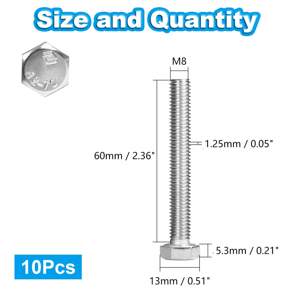10 Pcs M8 Hex Bolts M8-1.25 x 60mm Hex Head Screw Bolt