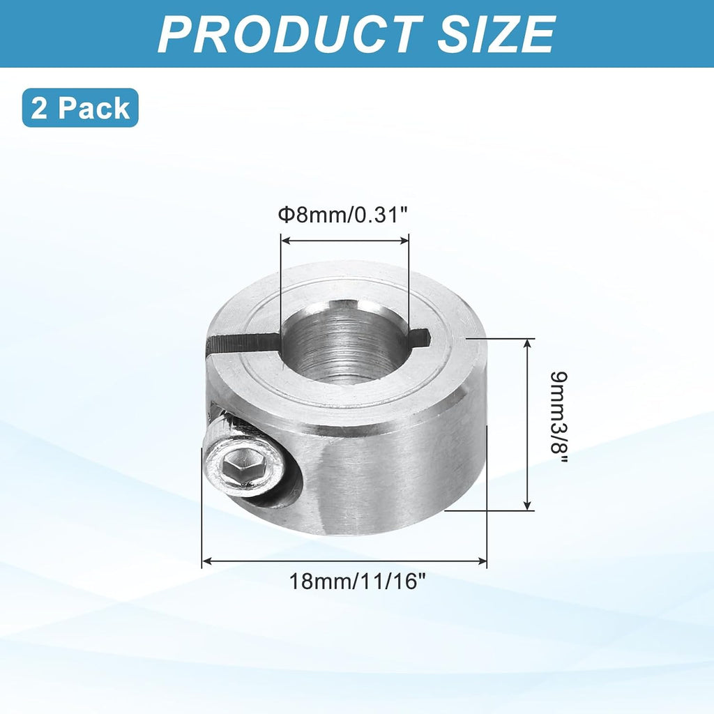MECCANIXITY 2Pcs Shaft Collar 8mm Bore Single Split 304 Stainless Steel Clamping Shaft Collars for Industrial Automation Conveyor Belt Systems