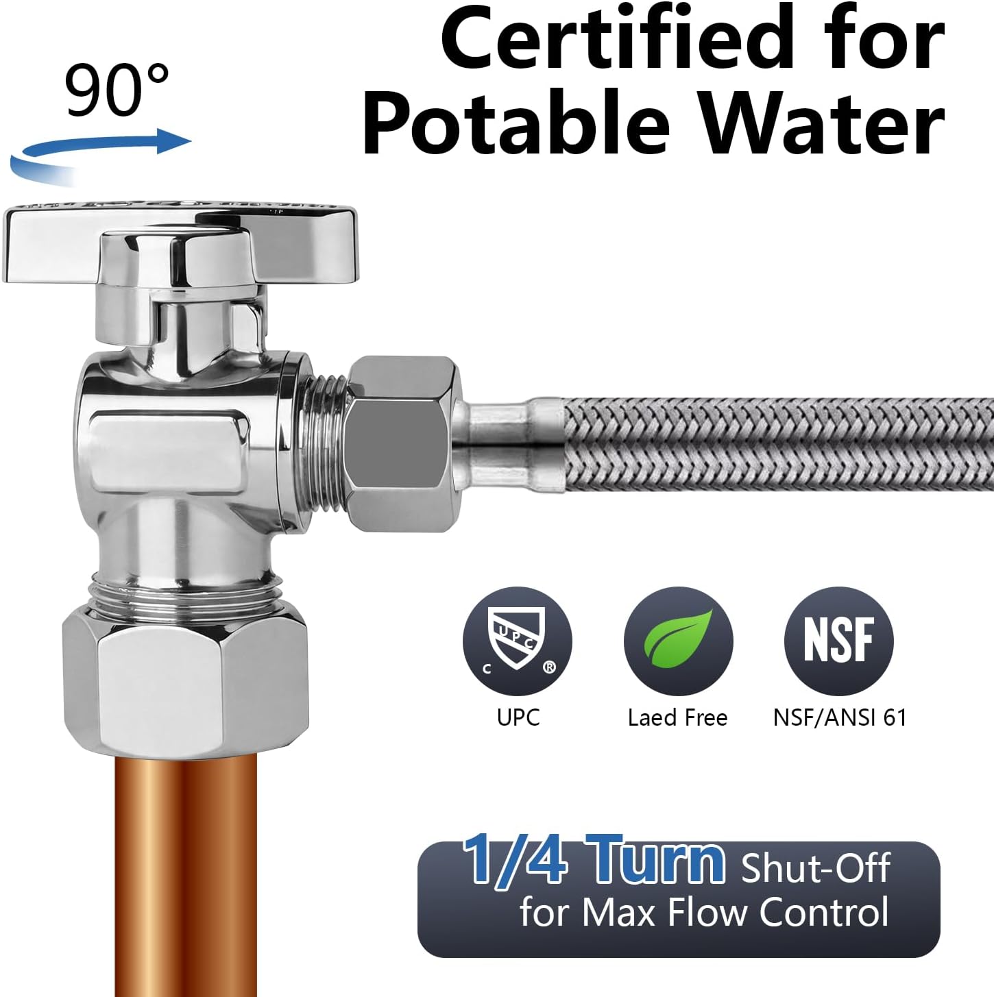 Angle Stop Valve 1/2" Nominal (5/8" OD) x 3/8" Compression | Quarter Turn Toilet Shut Off Reinforced Chrome Plated