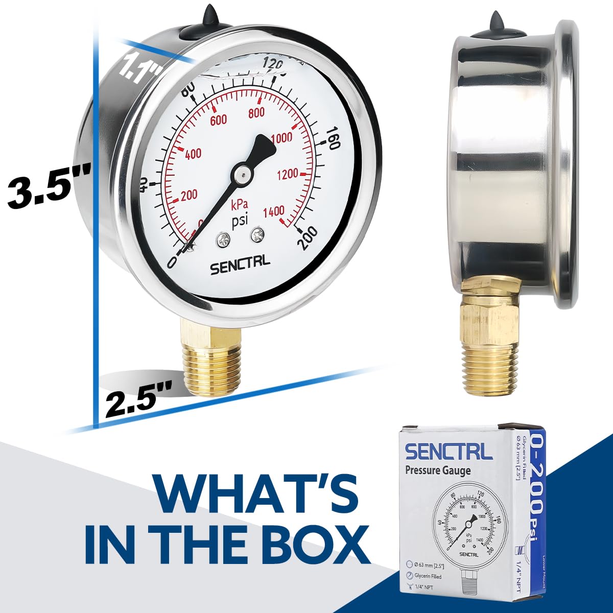 SENCTRL 0-200 Psi Liquid Filled Pressure Gauge, 1/4" NPT Lower Mount