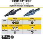 Klein Tools KTSB03 Step Drill Bit Double Fluted #3, 1/4 to 3/4-Inch with Easy-to-Read Markings and Targets, 3/8-Inch Hex Shank