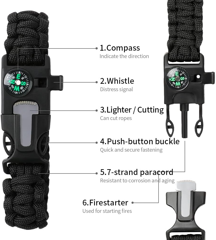 Bracelet, Emergency Hiking Survival Kit Fire Starter Compass Whistle, 9.5ft Continuous Strand Flint Steel Scraper 5 in 1