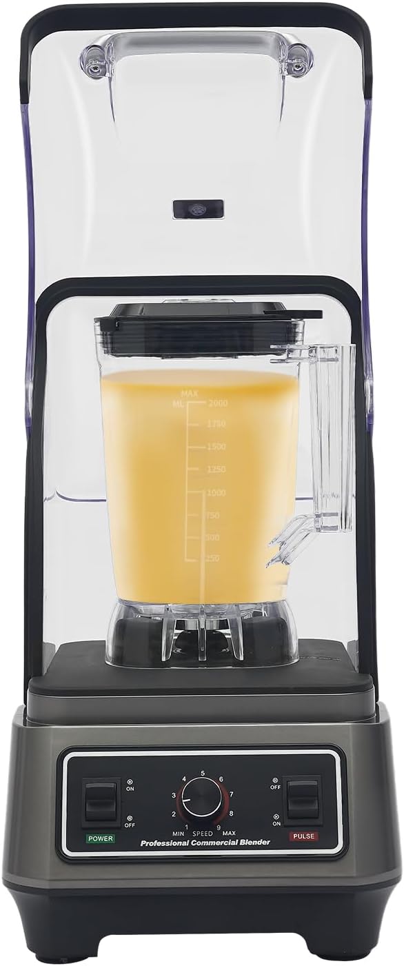 Commercial Blender, Quiet Blender with Soundproof Shield, Black for Kitchen