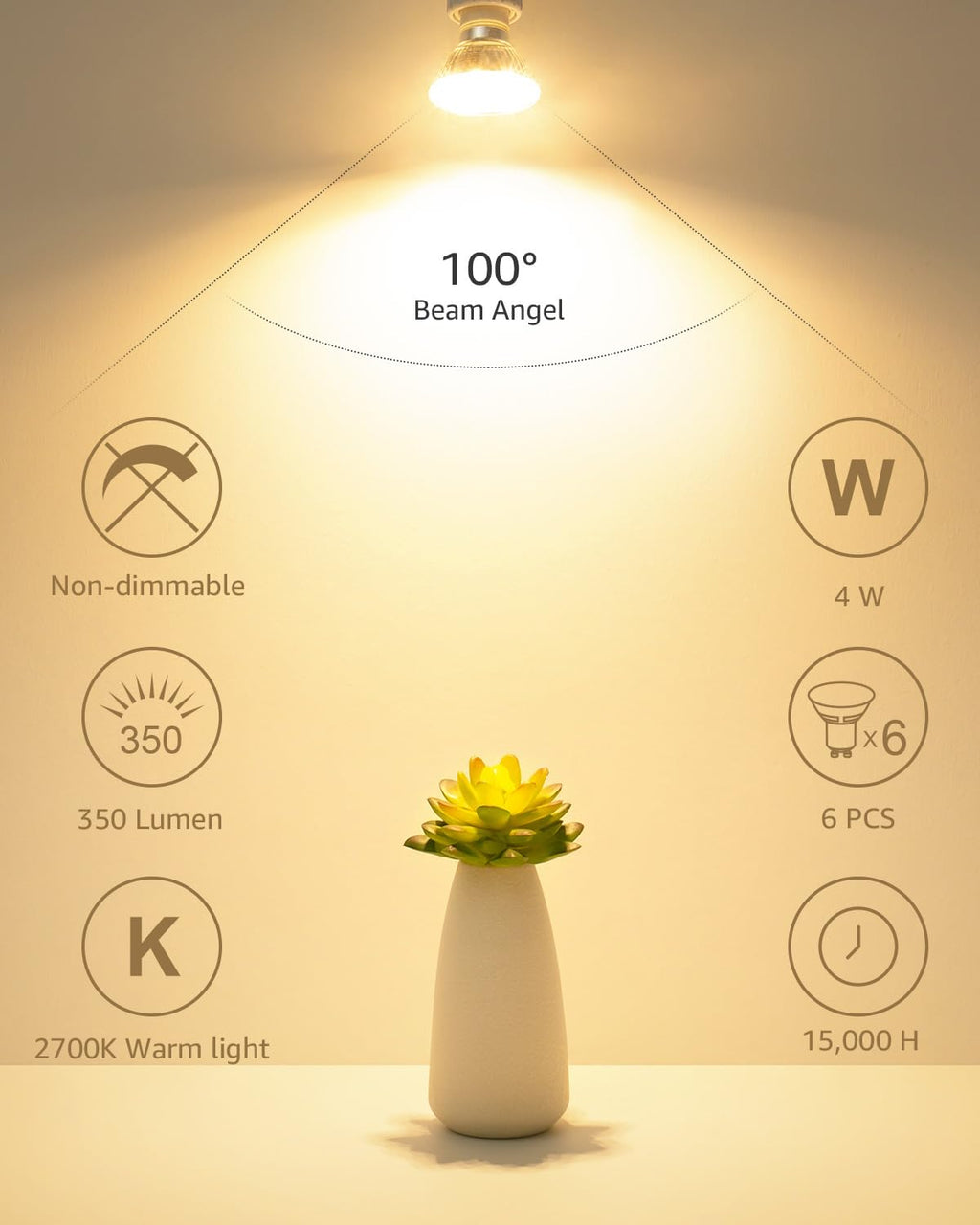 Non-Dimmable GU10 LED Light Bulbs 4W 350LM 2700K Soft White 6 Pack