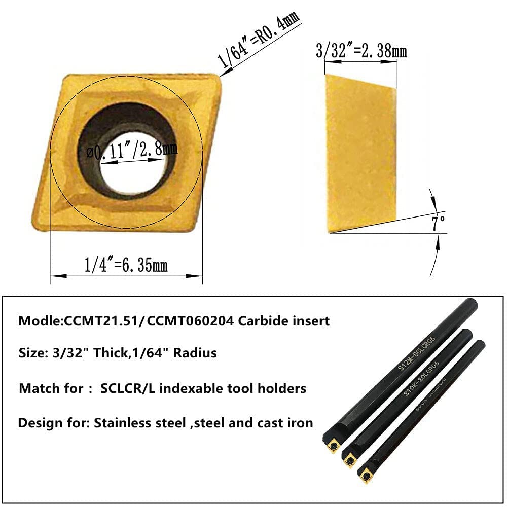 50PCS CCMT21.51 CCMT060204 Carbide Turning Inserts,CCMT Insert Insert Mutilayer Coated Lathe Replacement Inserts for Lathe Turning Tool Holder Boring Bar Inserts