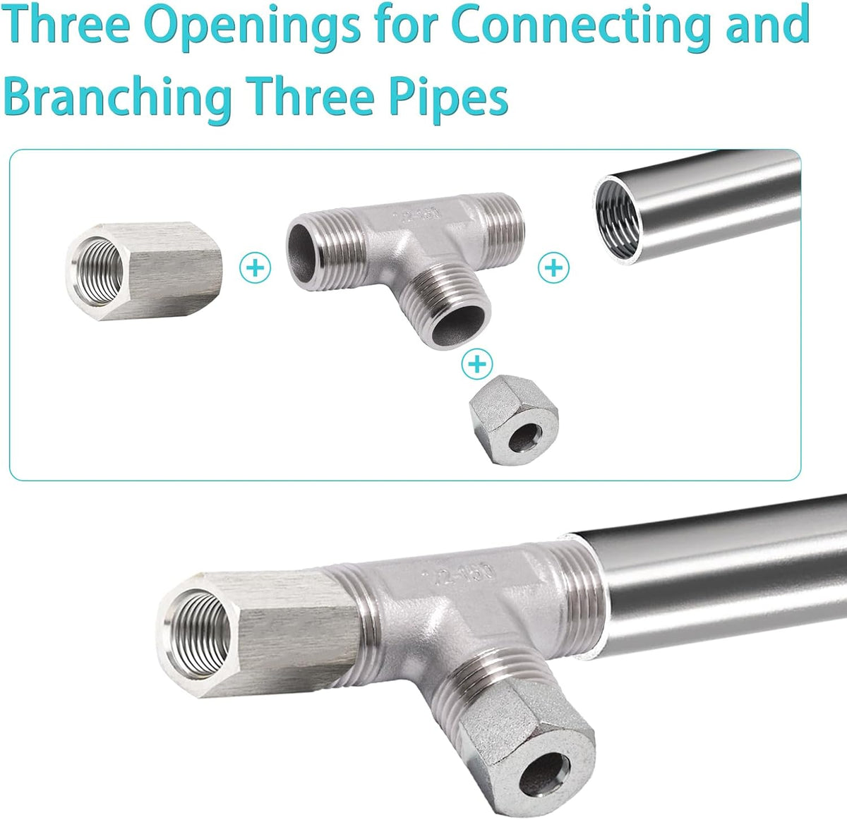 1/2" x 1/2" x 1/2" NPT Male Pipe Fitting, 304 Stainless Steel Tee Pipe Fittings, 3 Way T Shaped Tee Connector, 2 Pack