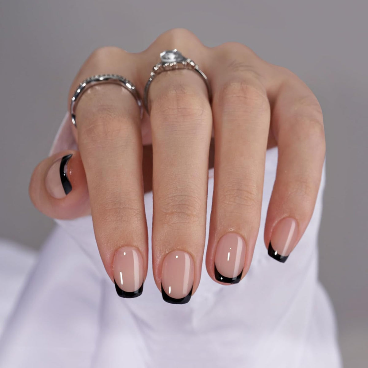 Press On Nails, French Tip Short Square Nails, 32Pcs Full Kit