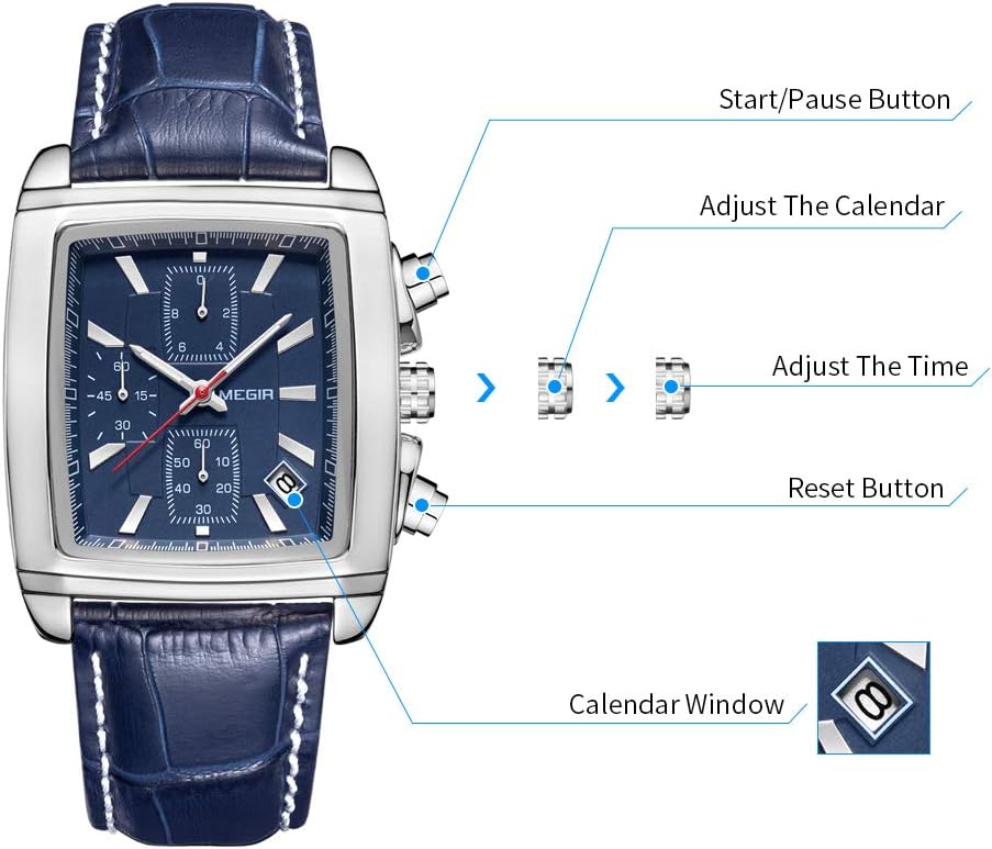 Men's Business Analog Chronograph Luminous Rectangle Quartz Watch with Stylish Leather Strap for Sport & Work