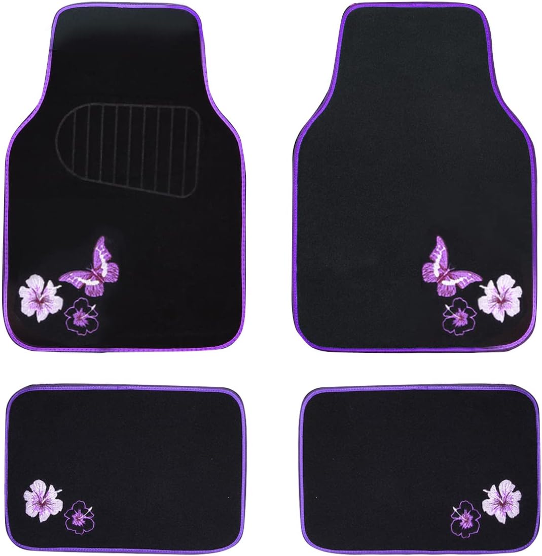 Embroidery Butterfly and Flower Car Floor Mats, Purple Car Floor Mats, Universal Fit 95%