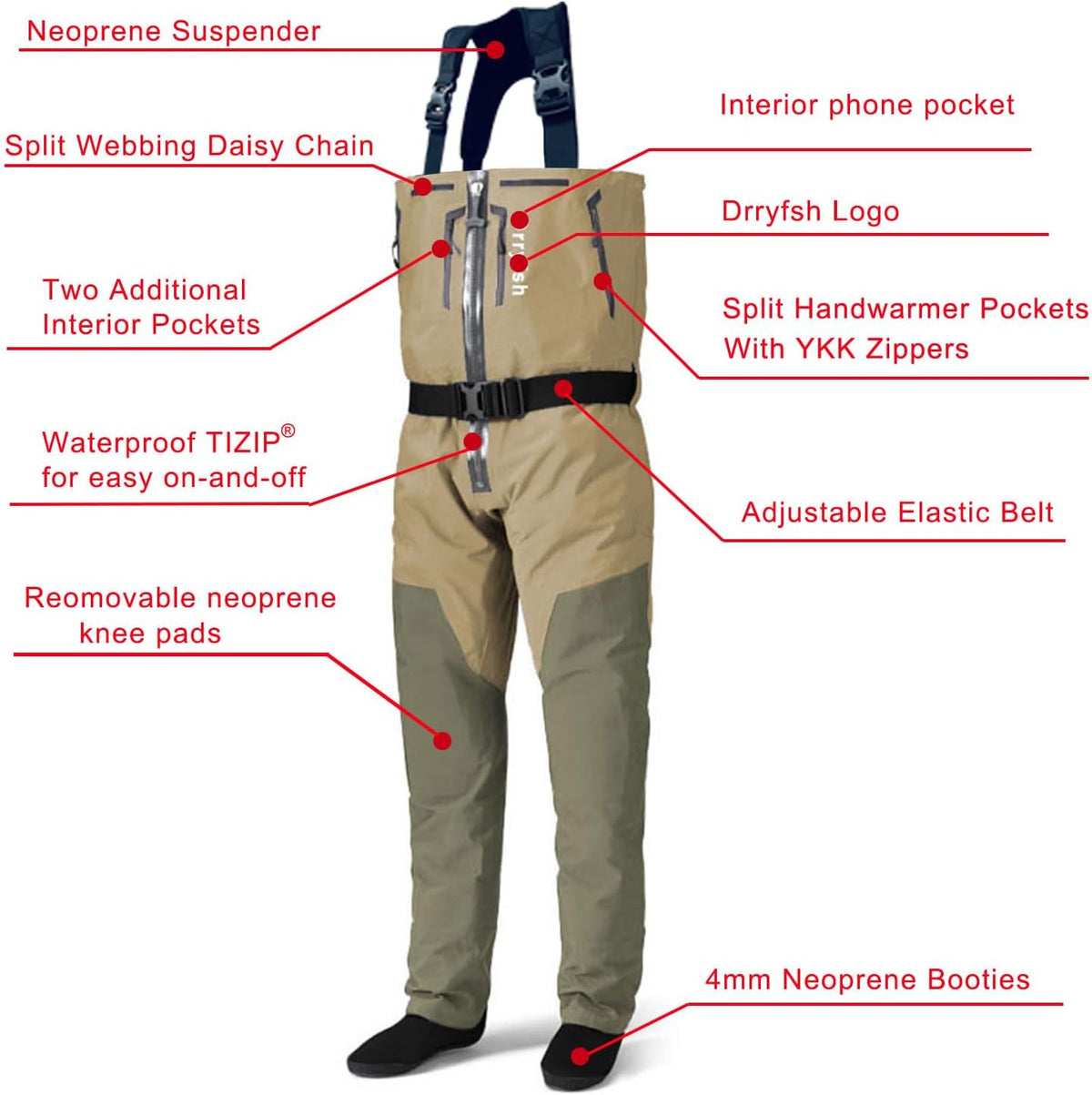 Front Zippered Breathable Chest Waders with Neoprene Suspenders for Men