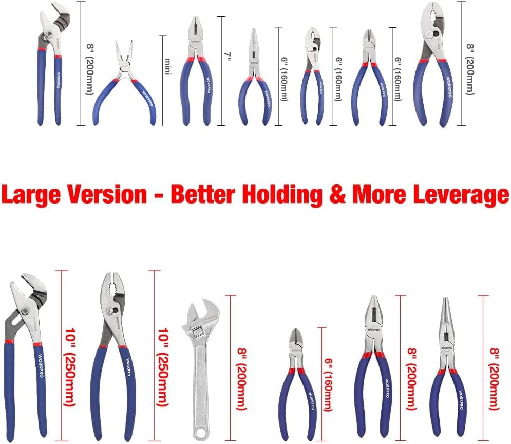 Large Pliers & Wrench Set 6-Piece (10" Water Pump, 10" Slip Joint, 8" Long Nose, 8" Linesman, 6" Diagonal, 8"