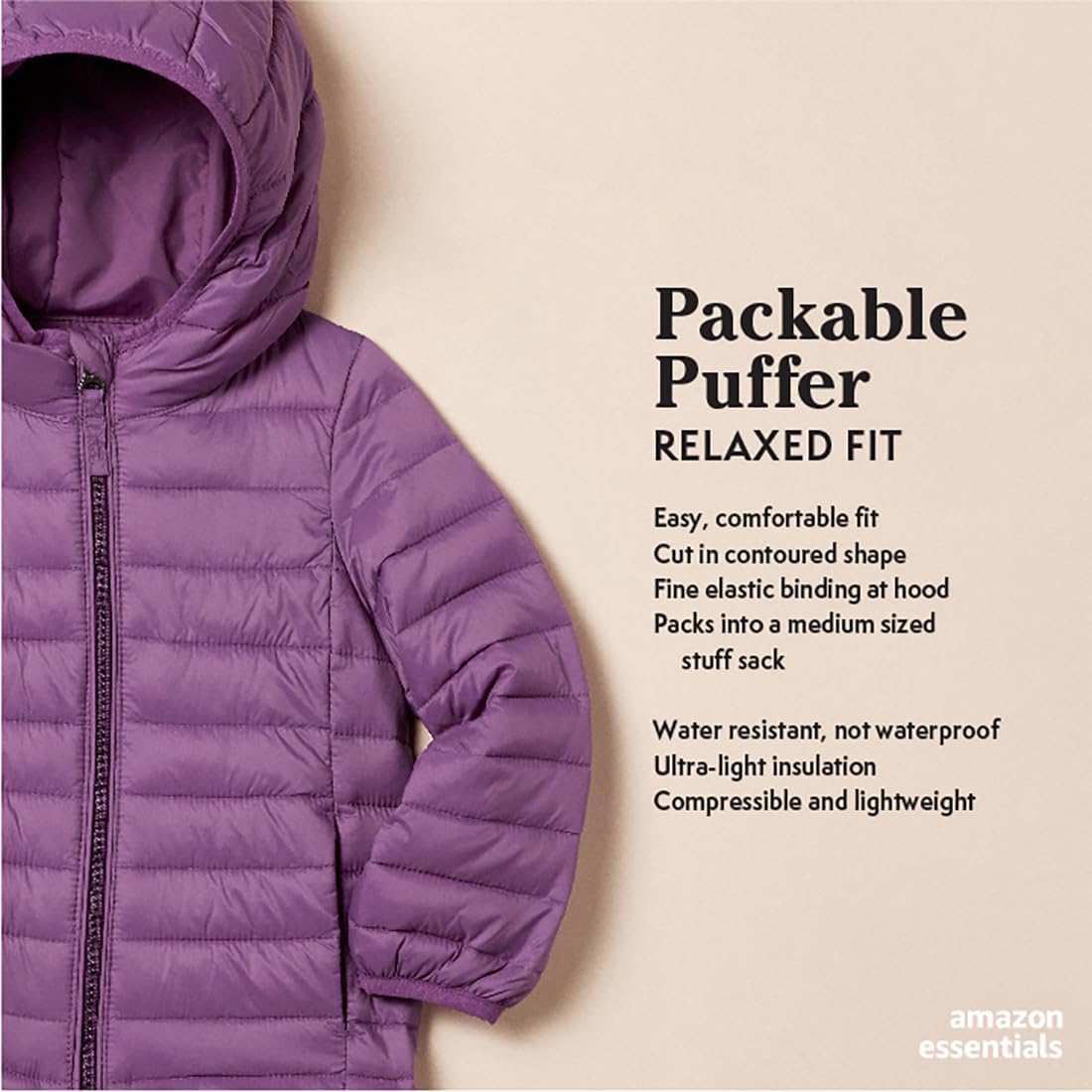 Girls and Toddlers' Lightweight Water-Resistant Packable Hooded Puffer Jacket