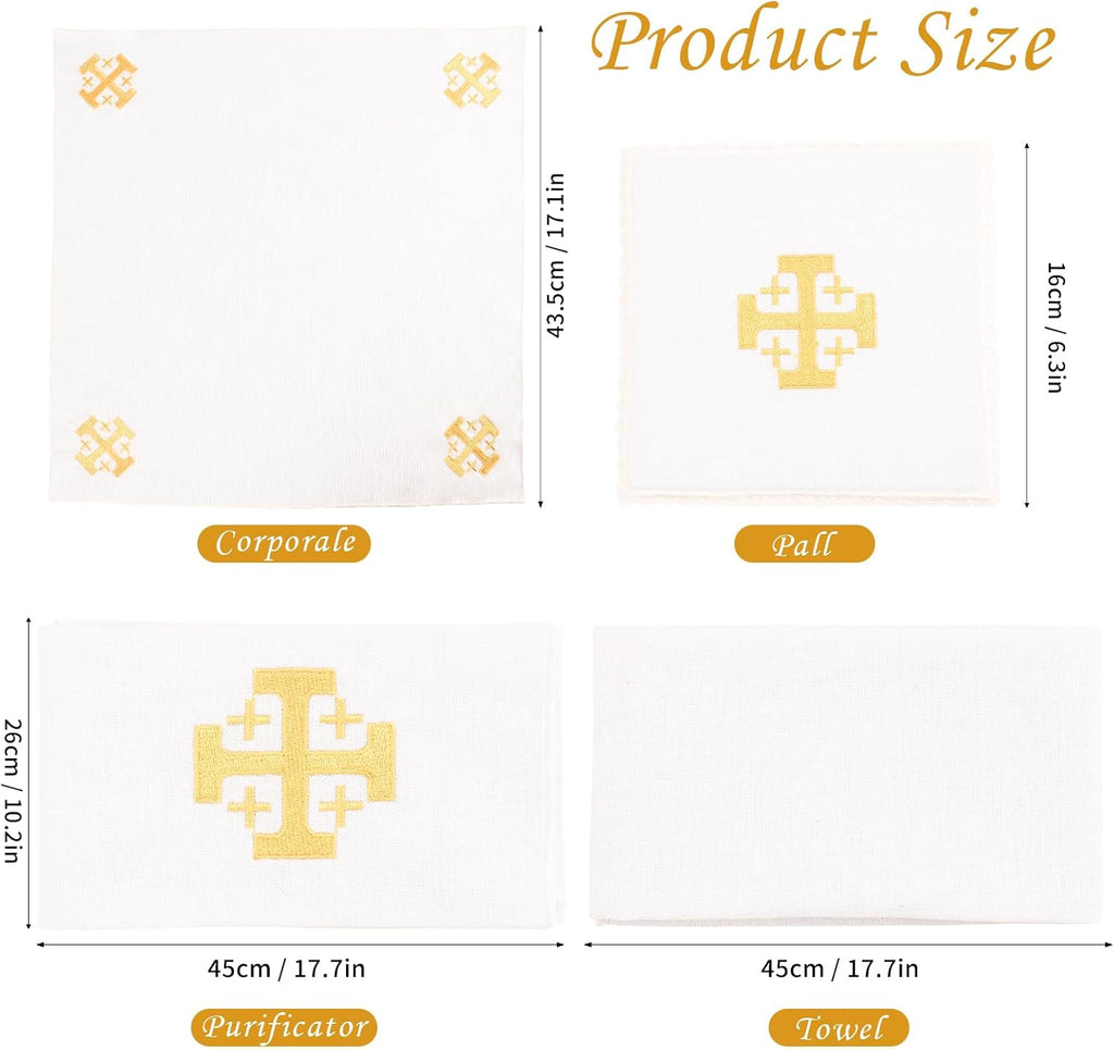 4 Pack Altar Supplies Linen Corporal for Churches Set (Pall,Corporal,Purificator,Towel) White Linen Altar Cloth Gold