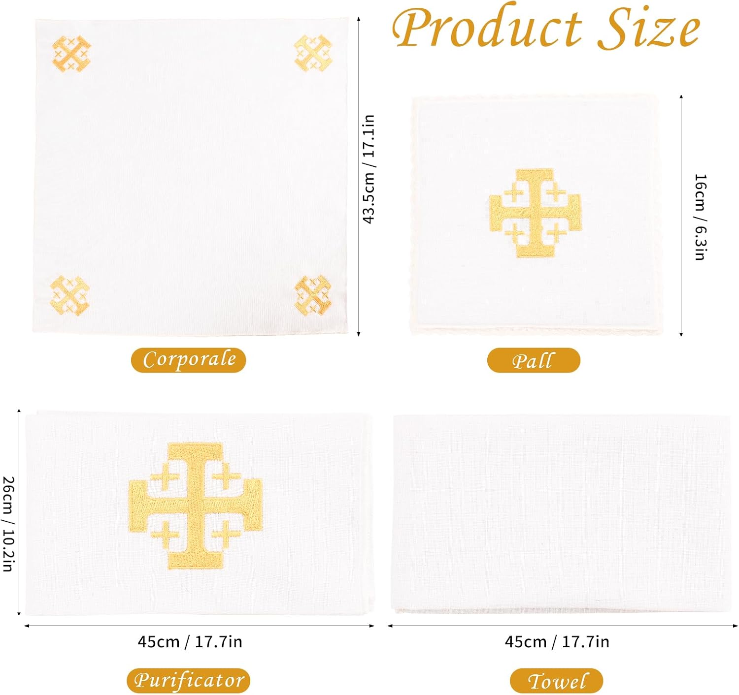 4 Pack Altar Supplies Linen Corporal for Churches Set (Pall,Corporal,Purificator,Towel) White Linen Altar Cloth Gold