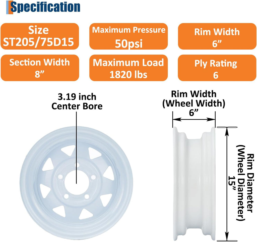 ST205/75D15 Trailer Tire and Wheel Assembly, 5 Lug, Set of 2