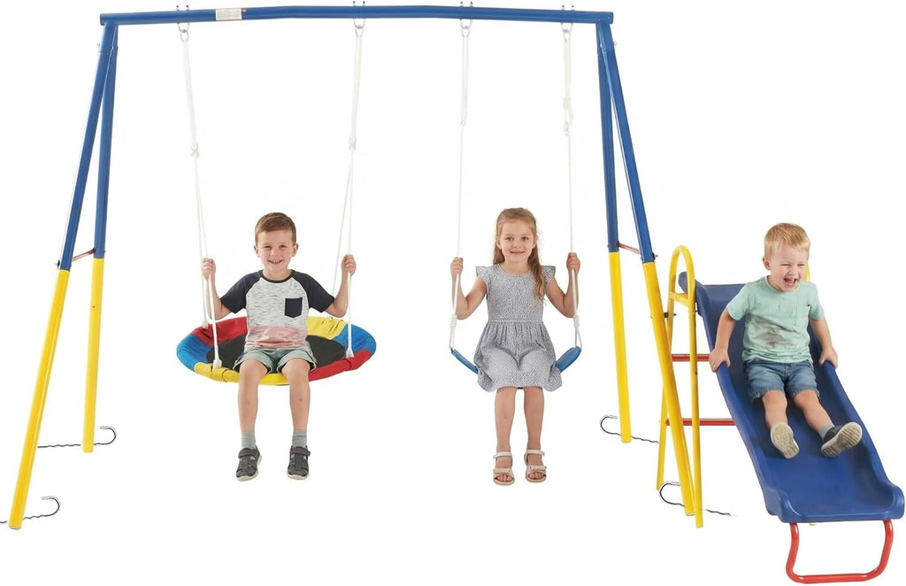Swing Set for Backyard, 3 in 1 Metal A-Frame Swing Set with Slide, Saucer Swing & Belt Swing for Kids, Outdoor