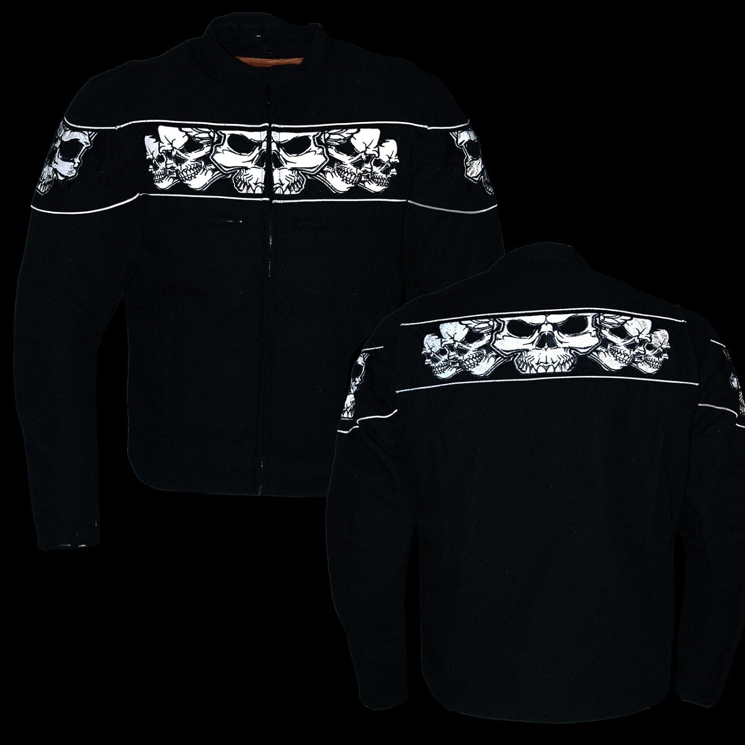 MPM1730 Men's Black Padded Textile All Season Motorcycle Jacket w/Reflective Skulls Artwork