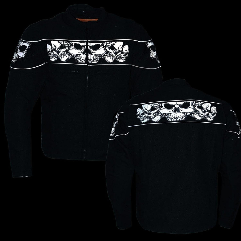 MPM1730 Men's Black Padded Textile All Season Motorcycle Jacket w/Reflective Skulls Artwork
