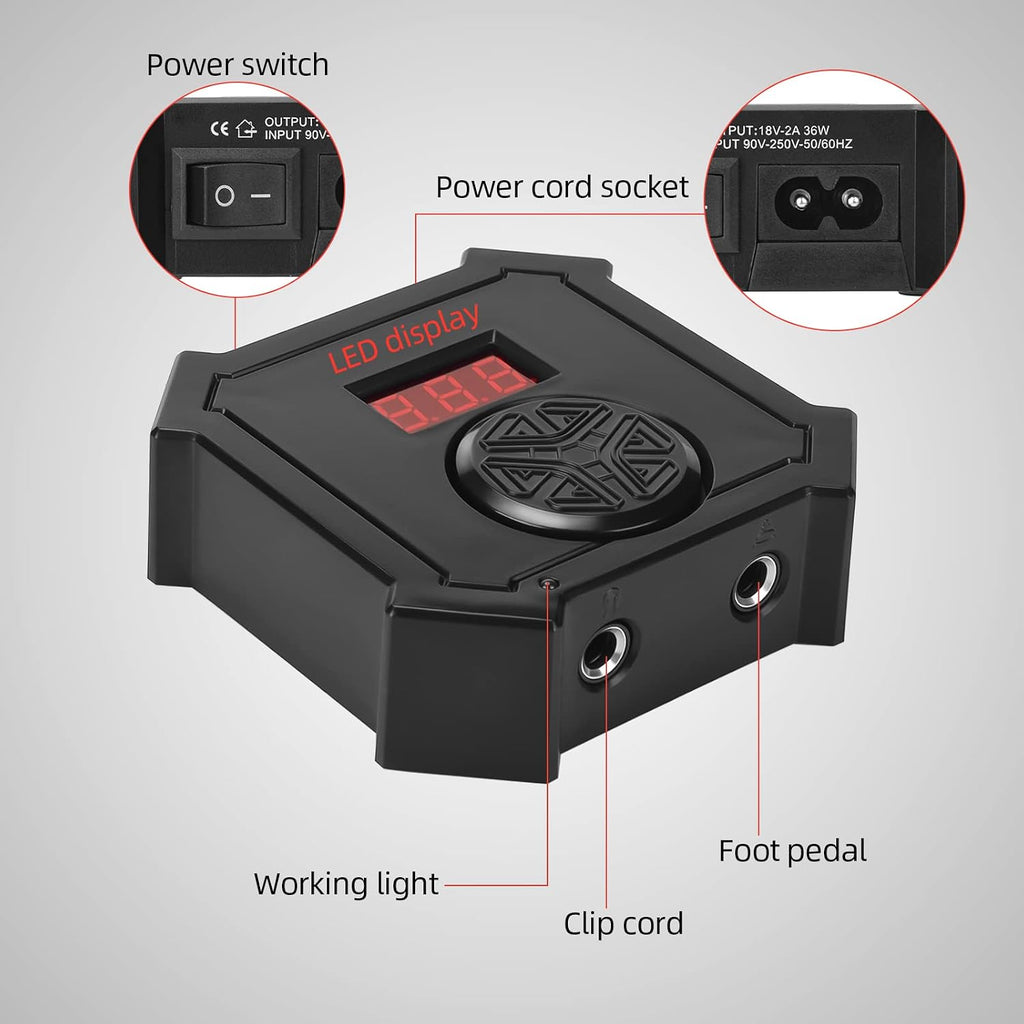 Tattoo Power Pedal Switch Kit with Clip Cord - Dual Digital LED Display for Tattoo Liner and Shader