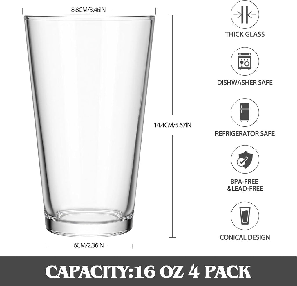 16 Oz Beer Pint Glasses Set of 4