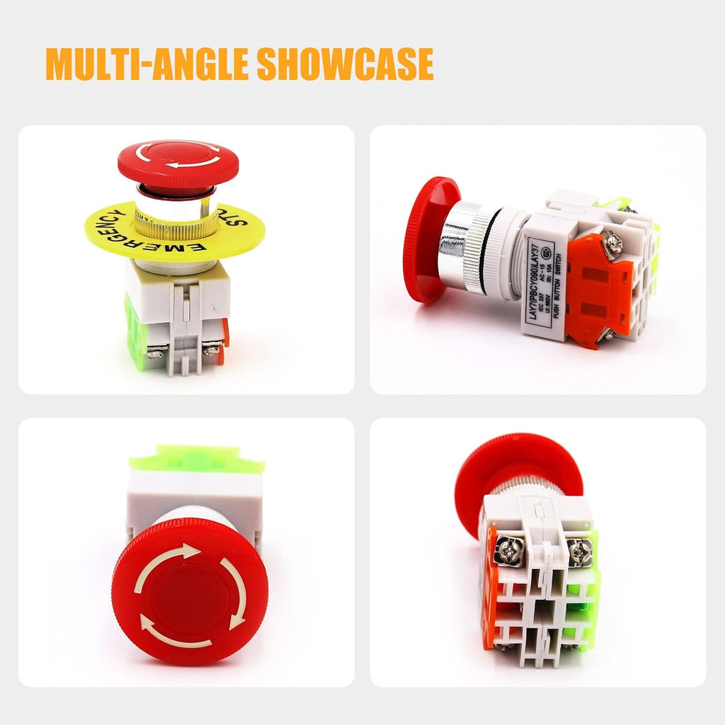22mm Emergency Stop Push Button Switch Red Mushroom Cap E-Stop Push Button Switch with 60mm Emergency Stop Sign 1NO 1NC DPST AC 660V 10A Self Lock (2PCS)