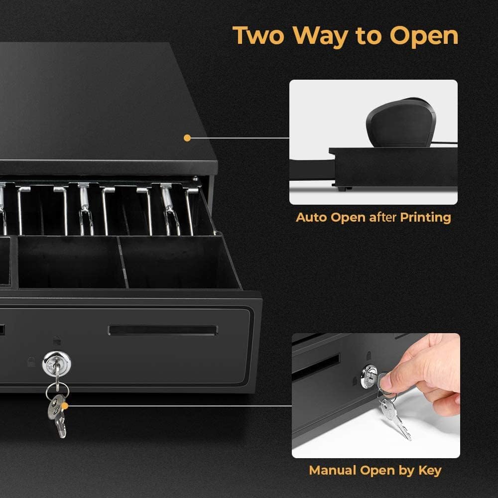 Black Cash Register Drawer 16" Black 5 Bill 5 Coin RJ11 RJ12 | Wide drawer with removable coin tray and 2 key-lock