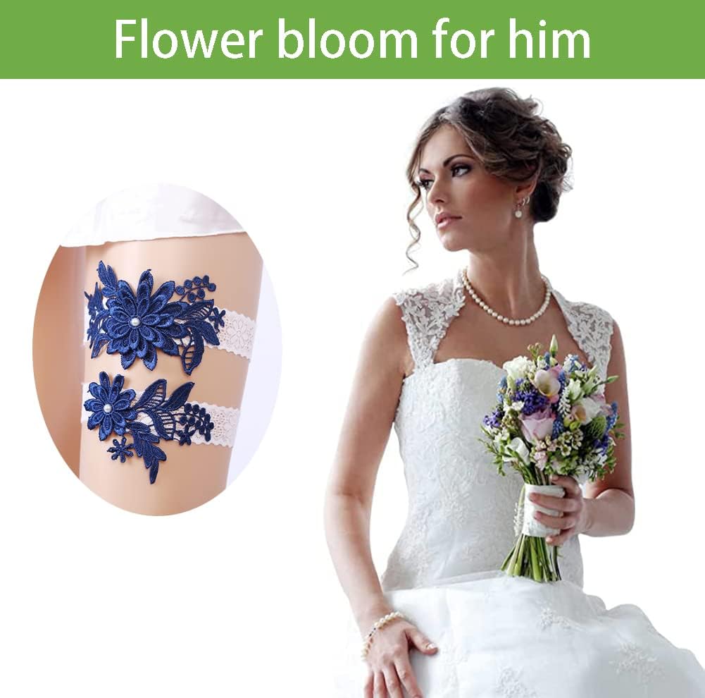 Wedding Garters for Bride Bridal Lace Garter Set Floral Leg Ring with Hand Sewn Faux Pearls