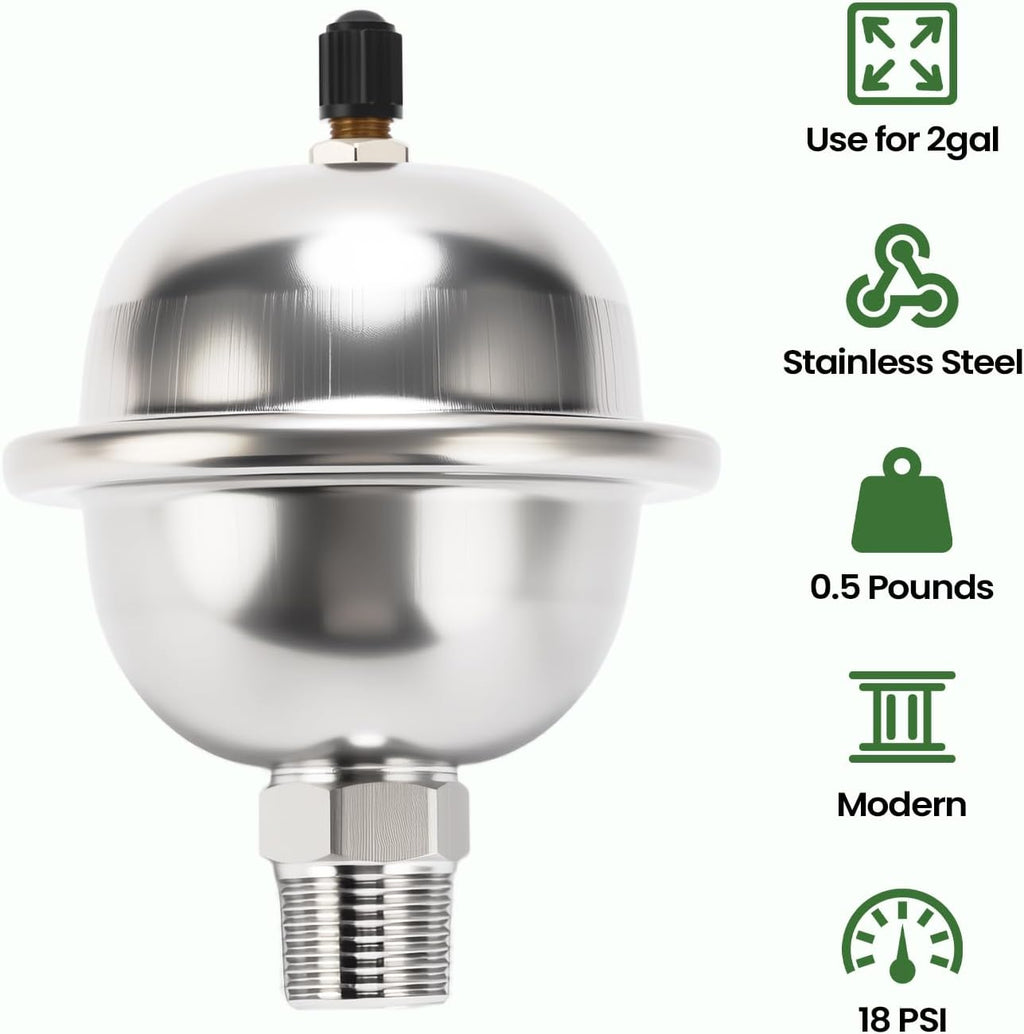 Mini Thermal Expansion Tank with 1/2" MIP Threaded Connection, Stainless Steel Hammer Arrestor for 2 Gallon
