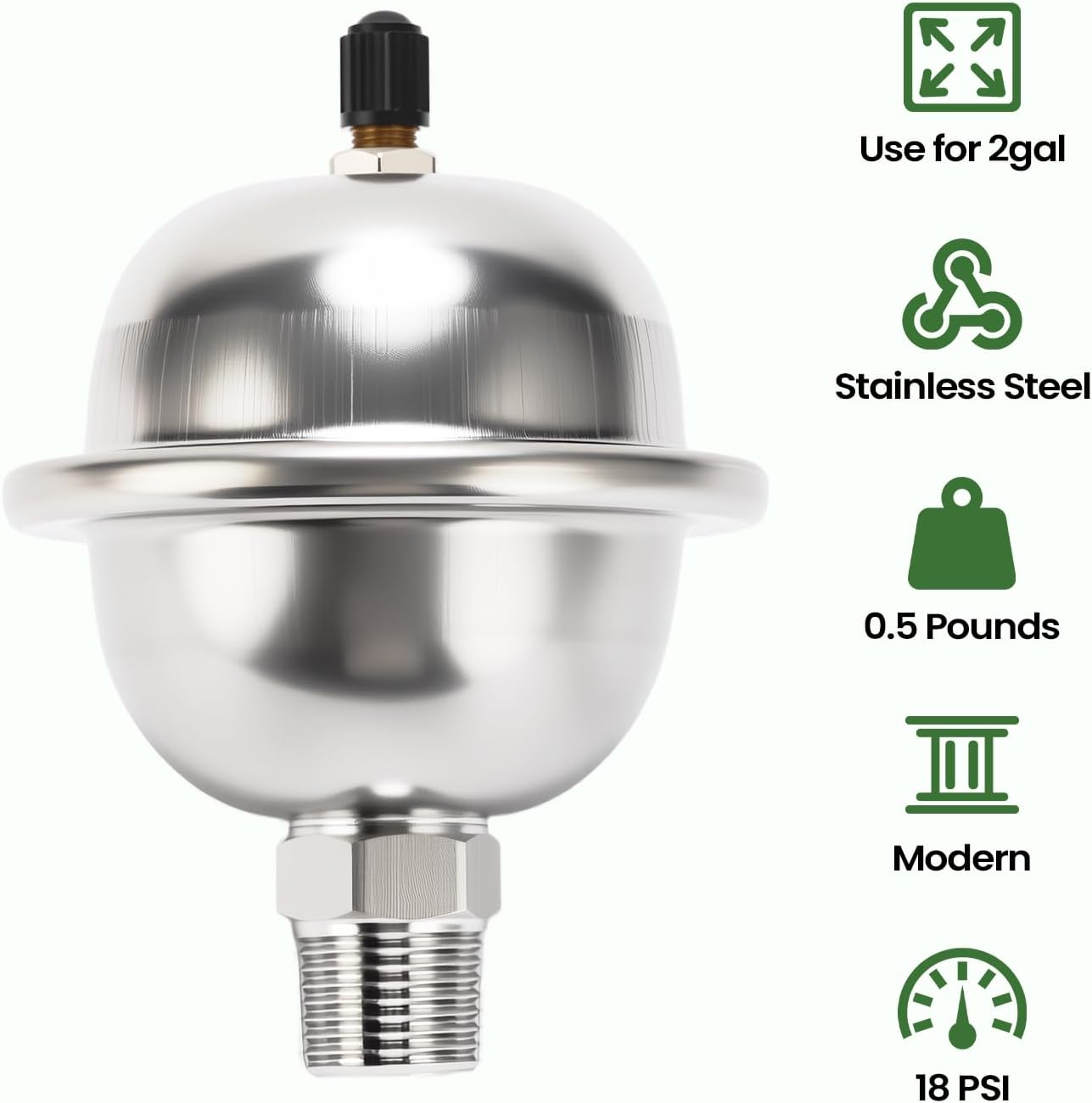 Mini Thermal Expansion Tank with 1/2" MIP Threaded Connection, Stainless Steel Hammer Arrestor for 2 Gallon