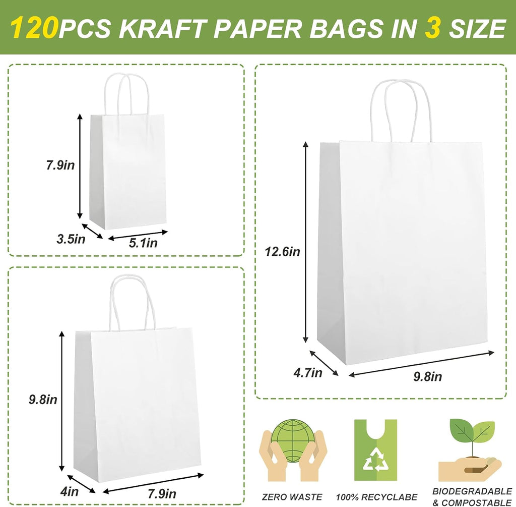 120pcs White Paper Bags with Handles, Assorted Sizes Gift Bags