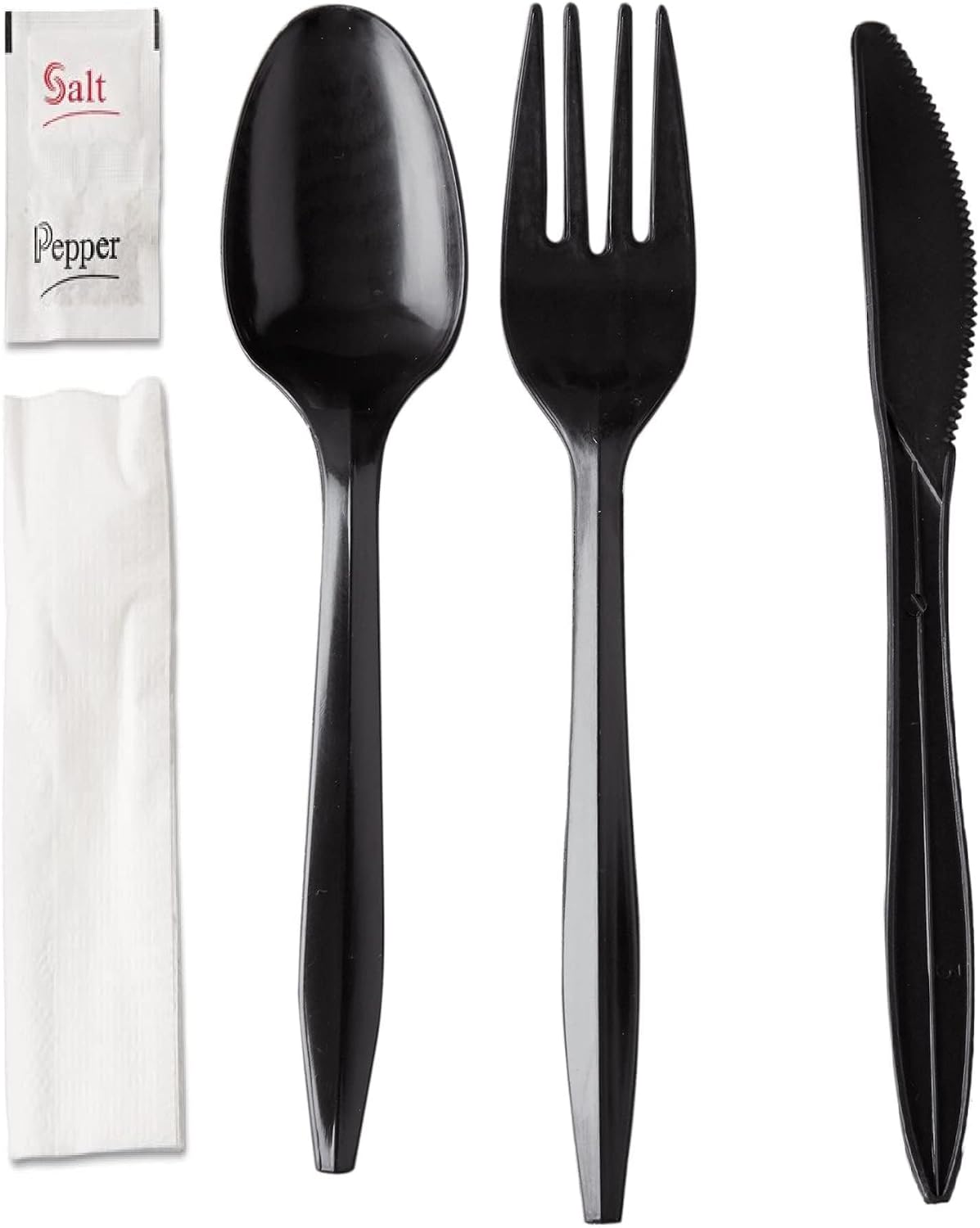 450 Plastic Cutlery Packets - Knife Fork Spoon Napkin Salt Pepper Sets | Black Plastic Silverware Sets Individually