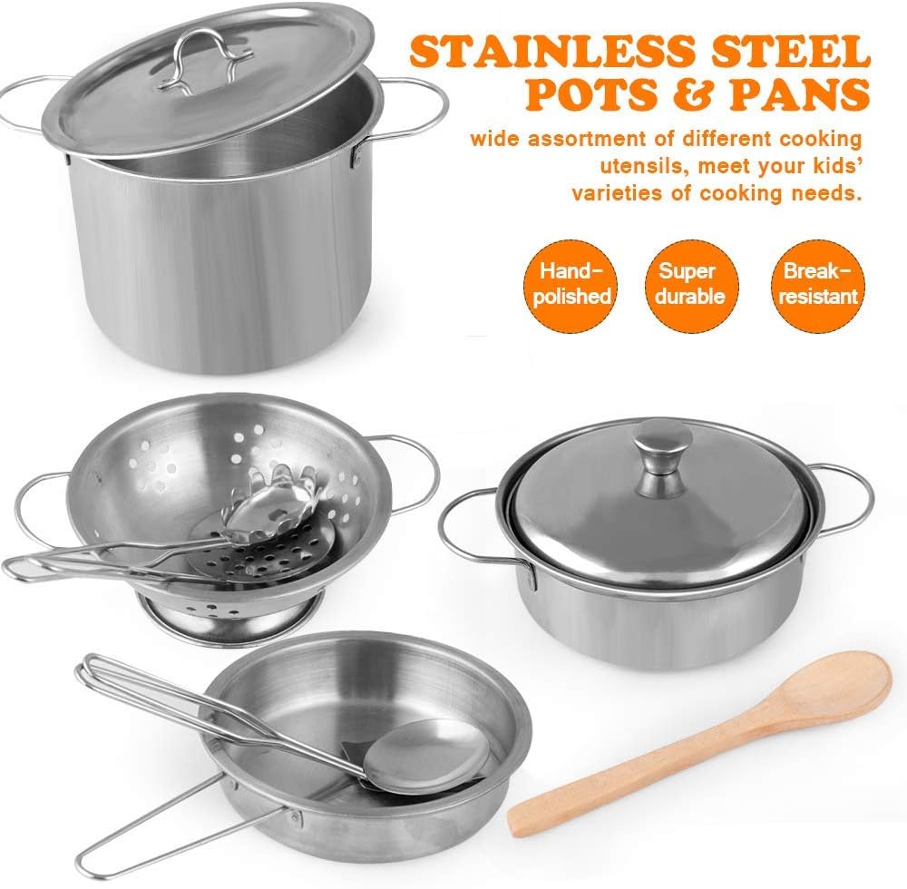 Play Kitchen Accessories, Kids Play Pots and Pans Playset with Mini Stainless Steel Pretend Play Cooking Toys