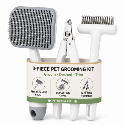 3-Piece Dogs & Cats brush for shedding - Self Cleaning Slicker Brush, Dematting Comb & Nail Clipper - Professional